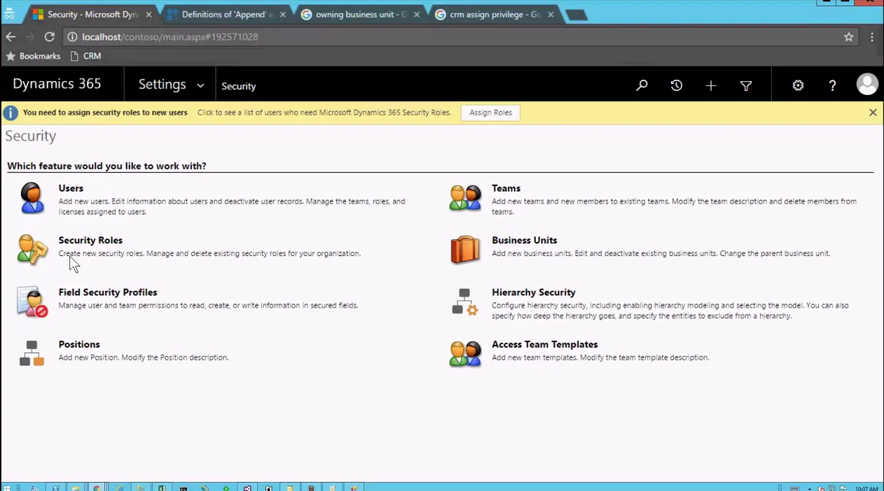 Dynamics 365 Security configuration page listing Users, Security Roles, Field Security Profiles, Positions, Teams, Business Units, Hierarchy Security, and Access Team Templates